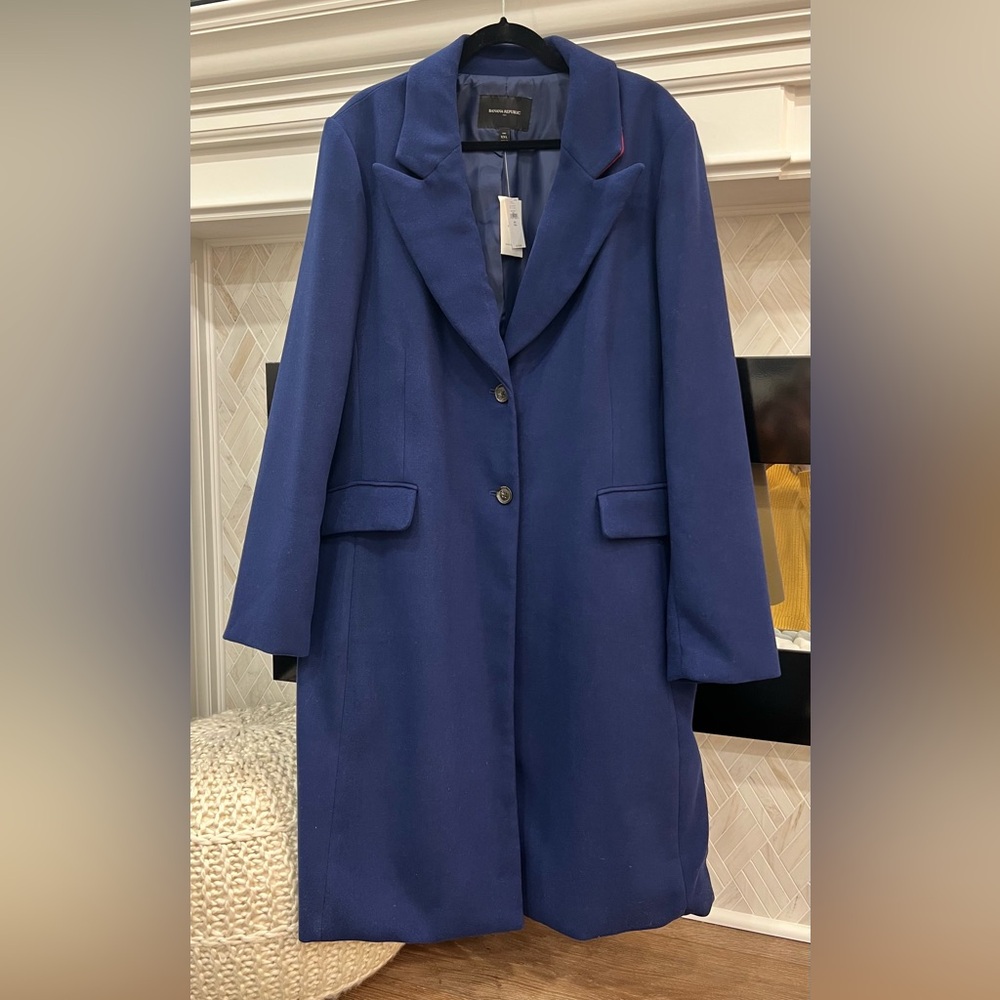 Banana Republic NEW Royal Blue Long Trench Coat Red Accent Under Collar XXL Tall